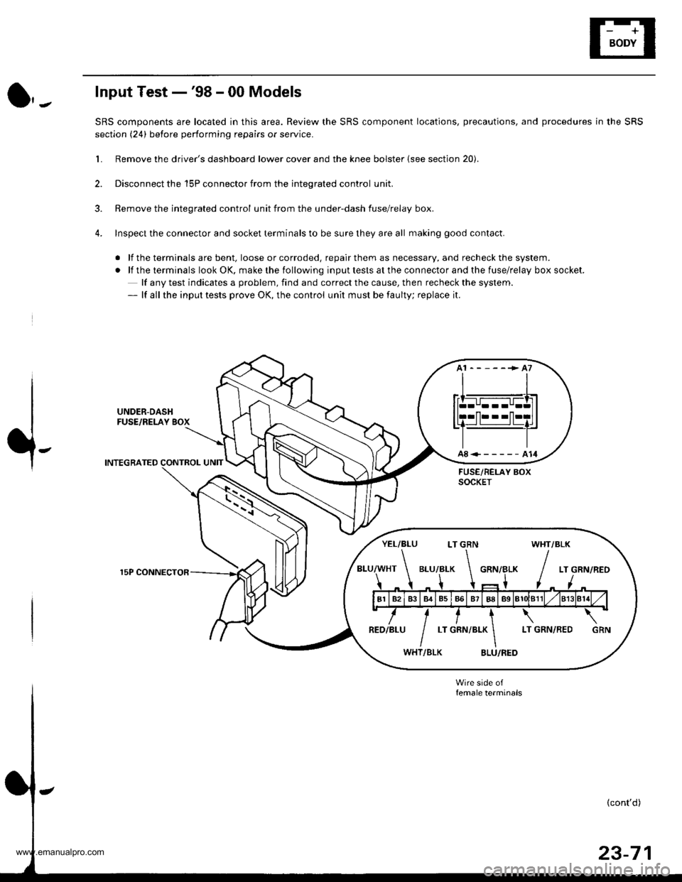 HONDA CR-V 1999 RD1-RD3 / 1.G User Guide 
Input Test -98 - 00 Models
SRS components are located in this area. Review the SRS component locations, precautions, and procedures in the SRS
section (24) before performing repairs or service.
L Re