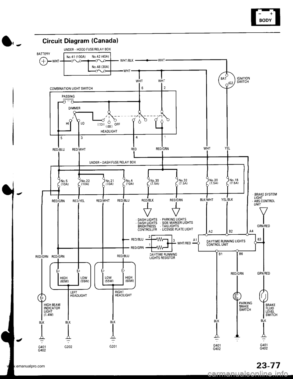 HONDA CR-V 1998 RD1-RD3 / 1.G Service Manual
UNDER HOOD FUSEiRELAY 80X
WHT/BLK +WHT
c0t\48rNATroN UGHT SWITCH
4
RED
HIGH BEAMINOICATORLIGHT
l=o) , :., oFF
O,-Circuit Diagram (Canada)
BATTEBY
@*"
UNDER- DASH FUSE/RELAY 8OX
BBAXE SYSTEMLIGHTABS C HONDA CR-V 1998 RD1-RD3 / 1.G Service Manual
UNDER HOOD FUSEiRELAY 80X
WHT/BLK +WHT
c0t\48rNATroN UGHT SWITCH
4
RED
HIGH BEAMINOICATORLIGHT
l=o) , :., oFF
O,-Circuit Diagram (Canada)
BATTEBY
@*"
UNDER- DASH FUSE/RELAY 8OX
BBAXE SYSTEMLIGHTABS C