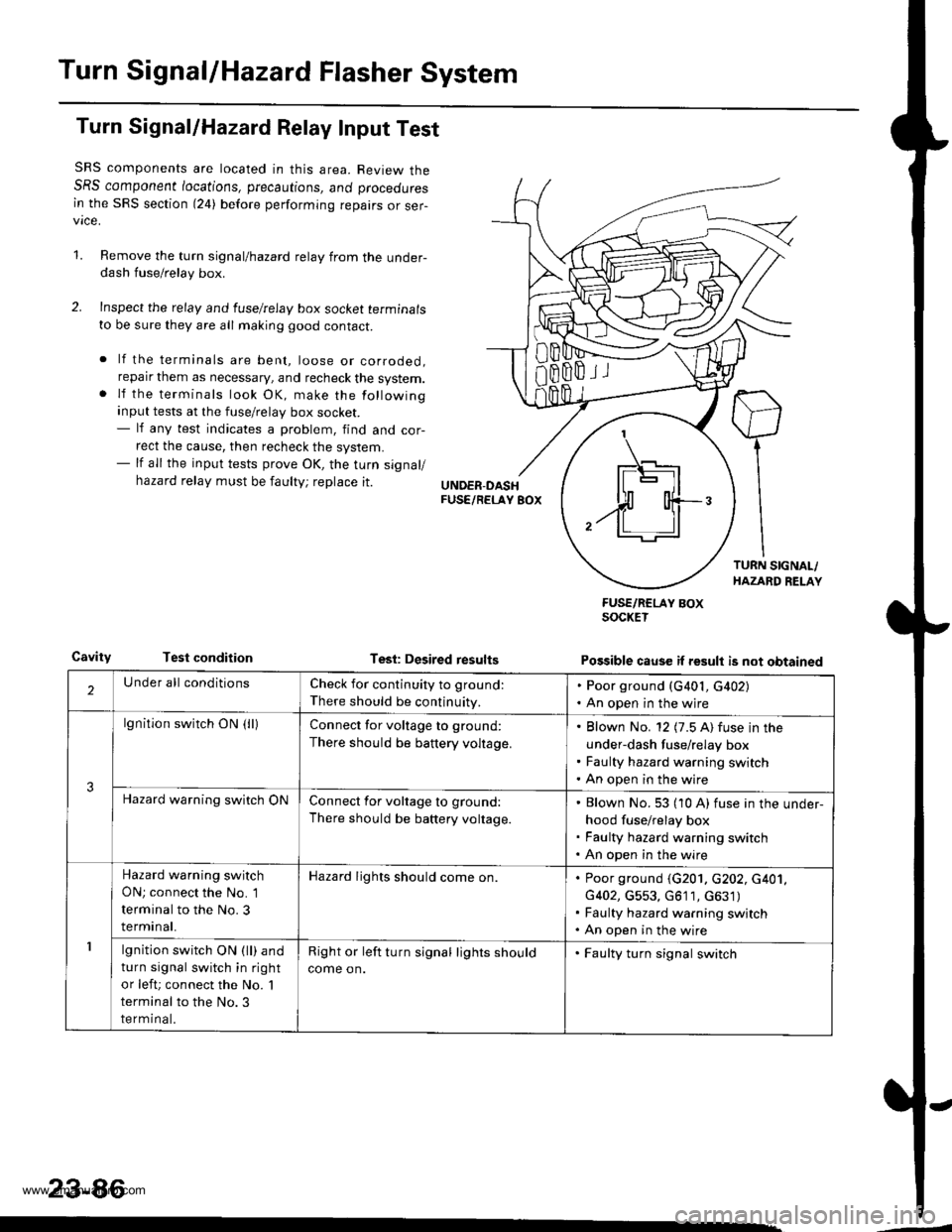 HONDA CR-V 2000 RD1-RD3 / 1.G User Guide
Turn SignallHazard Flasher System
Turn Signal/Hazard Relay Input Test
SRS components are located in this area. Review theSRS component /ocations, precautions, ano proceoures
in the SRS section (24) b HONDA CR-V 2000 RD1-RD3 / 1.G User Guide
Turn SignallHazard Flasher System
Turn Signal/Hazard Relay Input Test
SRS components are located in this area. Review theSRS component /ocations, precautions, ano proceoures
in the SRS section (24) b