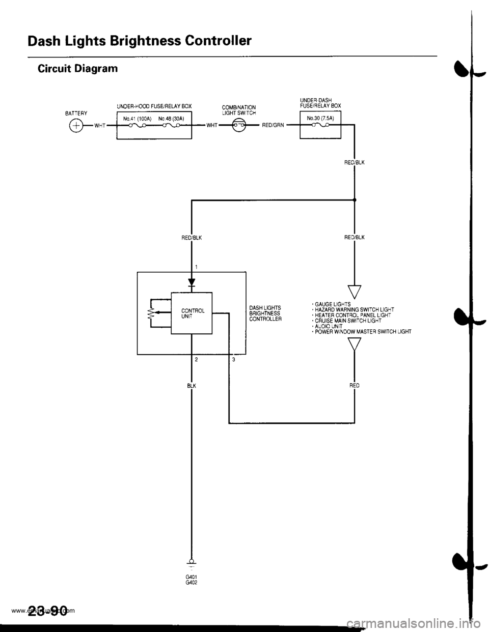 HONDA CR-V 1998 RD1-RD3 / 1.G Owners Guide 
Dash Lights Brightness Controller
Circuit Diagram
23-90
G401
www.emanualpro.com  