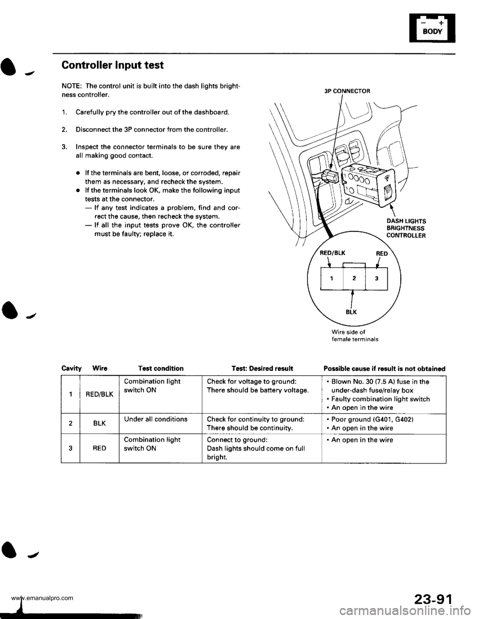 HONDA CR-V 2000 RD1-RD3 / 1.G Service Manual
Controller Input test
NOTE: The control unit is built into the dash lights bright-
ness controller.
1.Carefully pry the controller out of the dashboard.
Disconnect the 3P connector trom the controlle HONDA CR-V 2000 RD1-RD3 / 1.G Service Manual
Controller Input test
NOTE: The control unit is built into the dash lights bright-
ness controller.
1.Carefully pry the controller out of the dashboard.
Disconnect the 3P connector trom the controlle