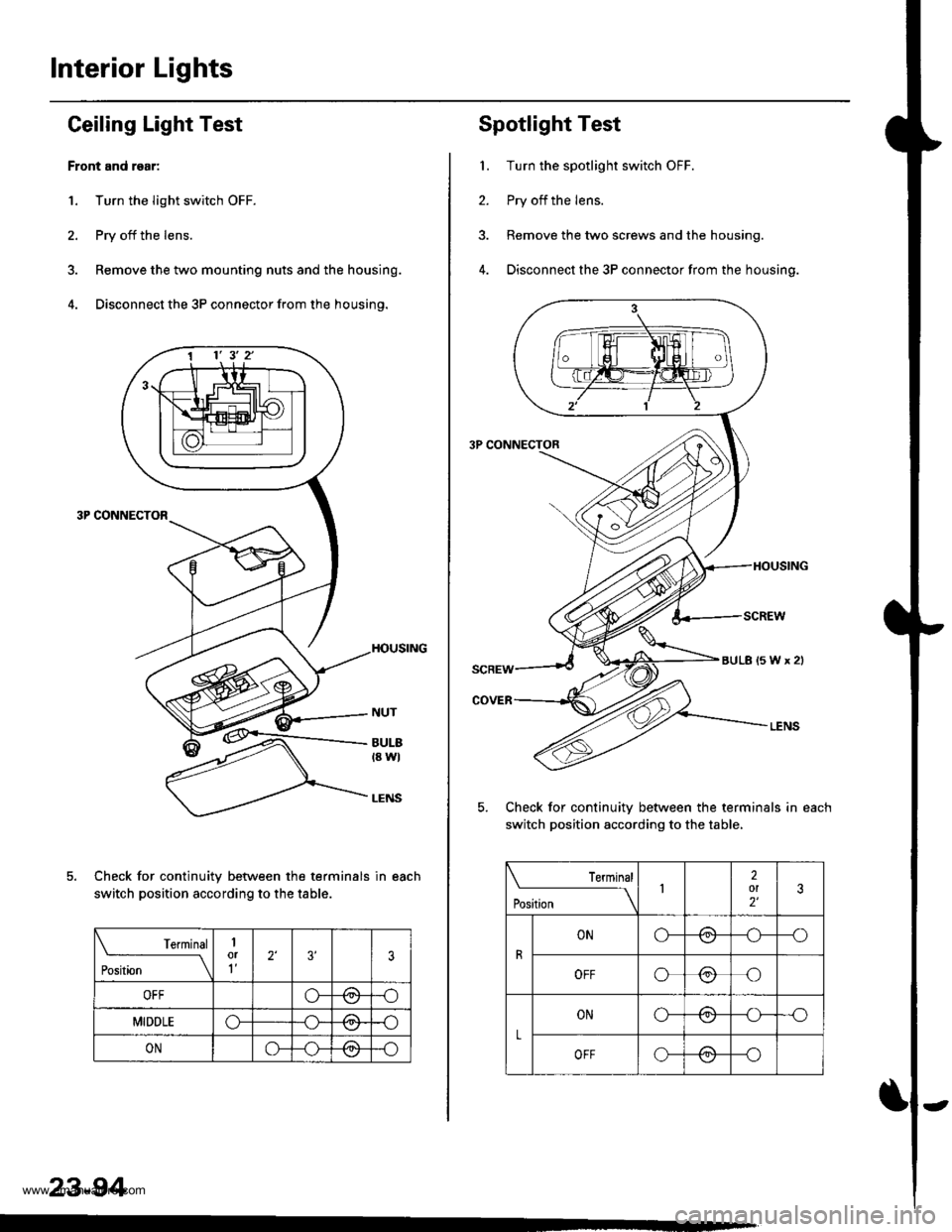 HONDA CR-V 1998 RD1-RD3 / 1.G Repair Manual
Interior Lights
Ceiling Laght Test
Front and rgar:
1. Turn the light switch OFF.
2. Pry off the lens.
3. Remove the two mounting nuts and the housing.
4. Disconnect the 3P connector from the housing. HONDA CR-V 1998 RD1-RD3 / 1.G Repair Manual
Interior Lights
Ceiling Laght Test
Front and rgar:
1. Turn the light switch OFF.
2. Pry off the lens.
3. Remove the two mounting nuts and the housing.
4. Disconnect the 3P connector from the housing.