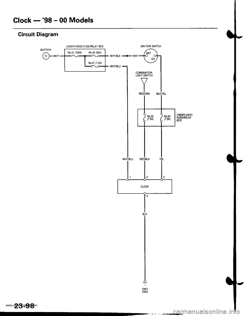 HONDA CR-V 1998 RD1-RD3 / 1.G Owners Guide 
Glock -98 - 00 Models
Circuit Diagram
BATTERY
@-*"
UNDEE,HOOD FUSE/RELAY BOX
No.41(1004) N0.42140A)-l
N0.47 (7.54)
UNOEN.DASHFUSgFELAY8ox
IGN TION SWlTCH
23-98
G40tG402
www.emanualpro.com  