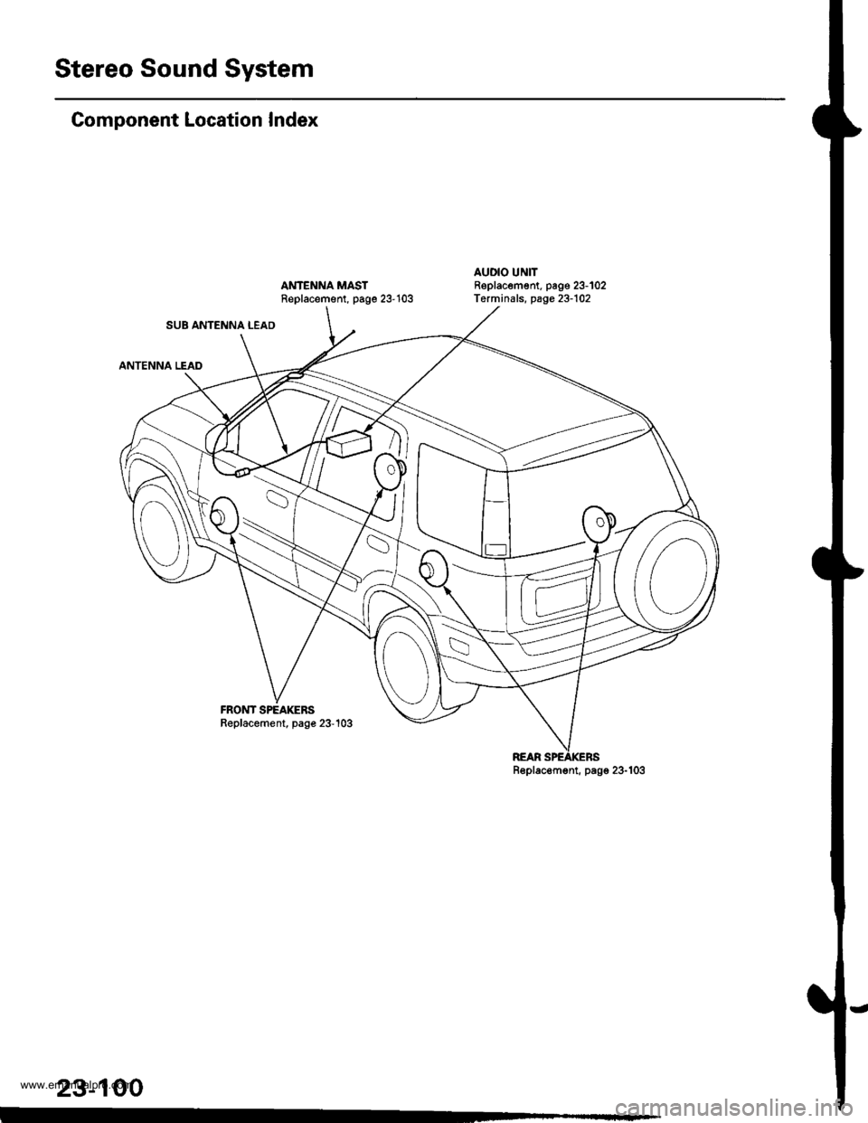 HONDA CR-V 1999 RD1-RD3 / 1.G Workshop Manual
Stereo Sound System
Component Location Index
AI{TENNA MASTReplacement, page 23103
AUDIO UNITReplacement. page 23-102Terminals, page 23-102
SUB ANTENNA LEAD
FROIIT SPEAKERSReplacement, page 23-103
HONDA CR-V 1999 RD1-RD3 / 1.G Workshop Manual
Stereo Sound System
Component Location Index
AI{TENNA MASTReplacement, page 23103
AUDIO UNITReplacement. page 23-102Terminals, page 23-102
SUB ANTENNA LEAD
FROIIT SPEAKERSReplacement, page 23-103