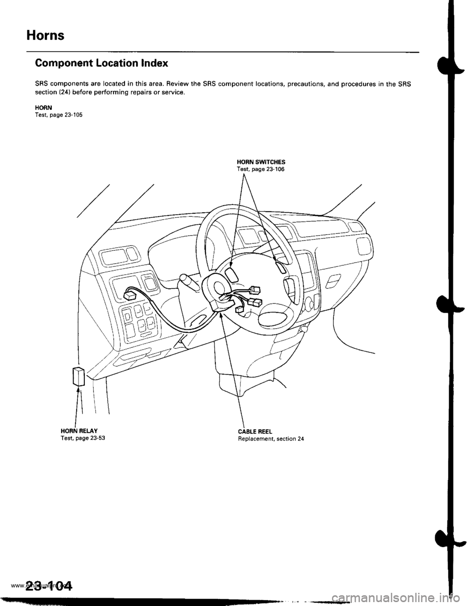 HONDA CR-V 1999 RD1-RD3 / 1.G Workshop Manual
Horns
Component Location Index
SRS components are located in this area, Review the SRS component locations, precautions, and procedures in the SRS
section (24) before performing repairs or service.
H HONDA CR-V 1999 RD1-RD3 / 1.G Workshop Manual
Horns
Component Location Index
SRS components are located in this area, Review the SRS component locations, precautions, and procedures in the SRS
section (24) before performing repairs or service.
H