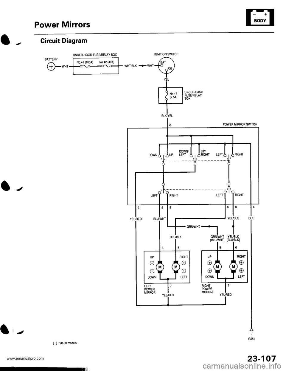 HONDA CR-V 1999 RD1-RD3 / 1.G User Guide 
Power Mirrors
Circuit Diagram
IGNITION SWITCH
lBAI \-€l ^rc2l.Y
YEL
I
-t----t
I lu.x I
IBLKIryEL
@"*
POWEN MIRRON SWTCH
UNDER,DASHFUSE/RELAYB0x
GRN vHT +l
35
BLK
-:
G551
l,-
[ ] : 9&00 rnodels
U