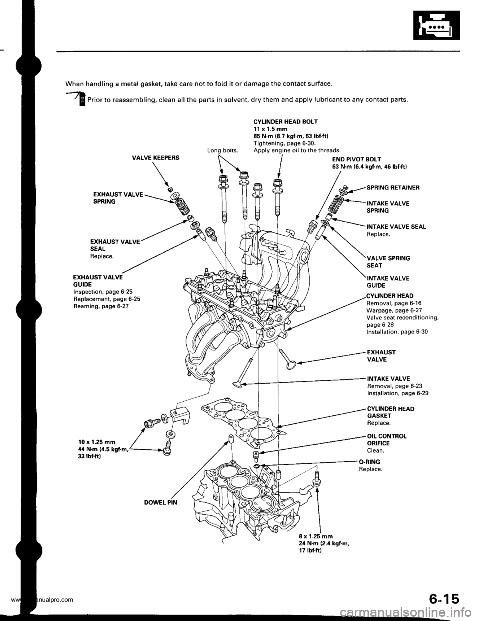 HONDA CR-V 1999 RD1-RD3 / 1.G Workshop Manual 
-?E
handling a metal gasket. take care not to fold it or damage the contact surface.
Prior to reassembling, clean all the parts in solvent, dry them and apply lubricant to any contact parts.
CYLINDER