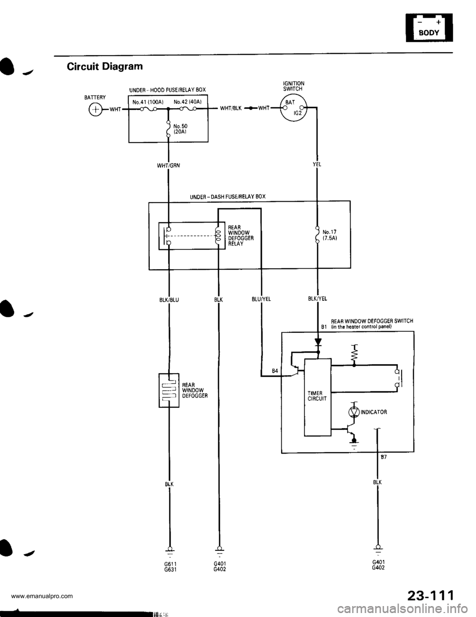 HONDA CR-V 1999 RD1-RD3 / 1.G Owners Manual 
EI
IGNITIONSWTCH
-f "r?h\_--, I
I
I
I
WHT/8LK +WHT
a-Circuit Diagram
BATTERY
@-*"
l-
IJ
l"8LK
G401G402
N0.41 {100A) N0.42 (404)
UNDER-HOOD FUSE/REI-AY BOX
REAs WINDOW DEFOGGER SWITCHB1 {in ihe heate