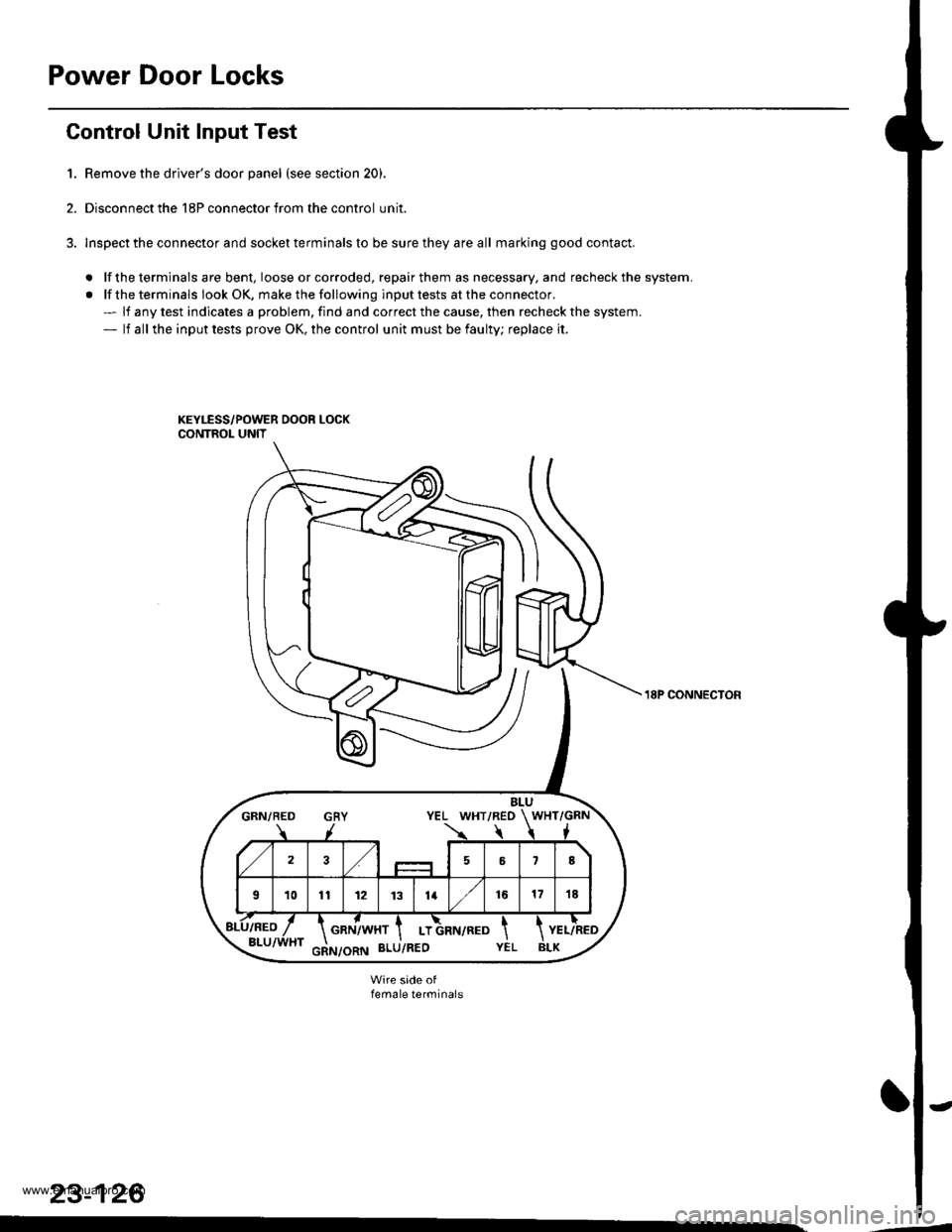 HONDA CR-V 1998 RD1-RD3 / 1.G Workshop Manual
Power Door Locks
Gontrol Unit Input Test
1. Remove the drivers door panel (see section 20).
2. Disconnect the 18P connector from the control unit.
3. lnspect the connector and socket terminals to be HONDA CR-V 1998 RD1-RD3 / 1.G Workshop Manual
Power Door Locks
Gontrol Unit Input Test
1. Remove the drivers door panel (see section 20).
2. Disconnect the 18P connector from the control unit.
3. lnspect the connector and socket terminals to be