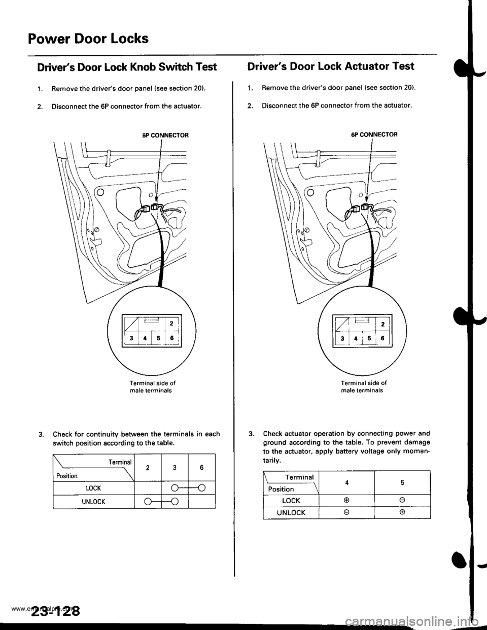 HONDA CR-V 2000 RD1-RD3 / 1.G Workshop Manual
Power Door Locks
Drivers Door Lock Knob Switch Test
1. Remove the drivers door panel (see section 20).
2. Disconnect the 6P connector from the actuator.
Terminalside otmale terfiinals
Check for con HONDA CR-V 2000 RD1-RD3 / 1.G Workshop Manual
Power Door Locks
Drivers Door Lock Knob Switch Test
1. Remove the drivers door panel (see section 20).
2. Disconnect the 6P connector from the actuator.
Terminalside otmale terfiinals
Check for con