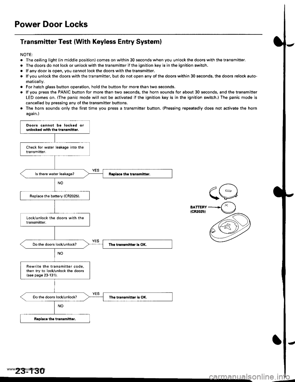 HONDA CR-V 1999 RD1-RD3 / 1.G Owners Manual
Power Door Locks
Transmitter Test (With Keyless Entry Systeml
NOTE:
. The ceiling light (in middle position) comes on within 30 seconds when you unlock the doors with the transmitter.
. The doors do HONDA CR-V 1999 RD1-RD3 / 1.G Owners Manual
Power Door Locks
Transmitter Test (With Keyless Entry Systeml
NOTE:
. The ceiling light (in middle position) comes on within 30 seconds when you unlock the doors with the transmitter.
. The doors do