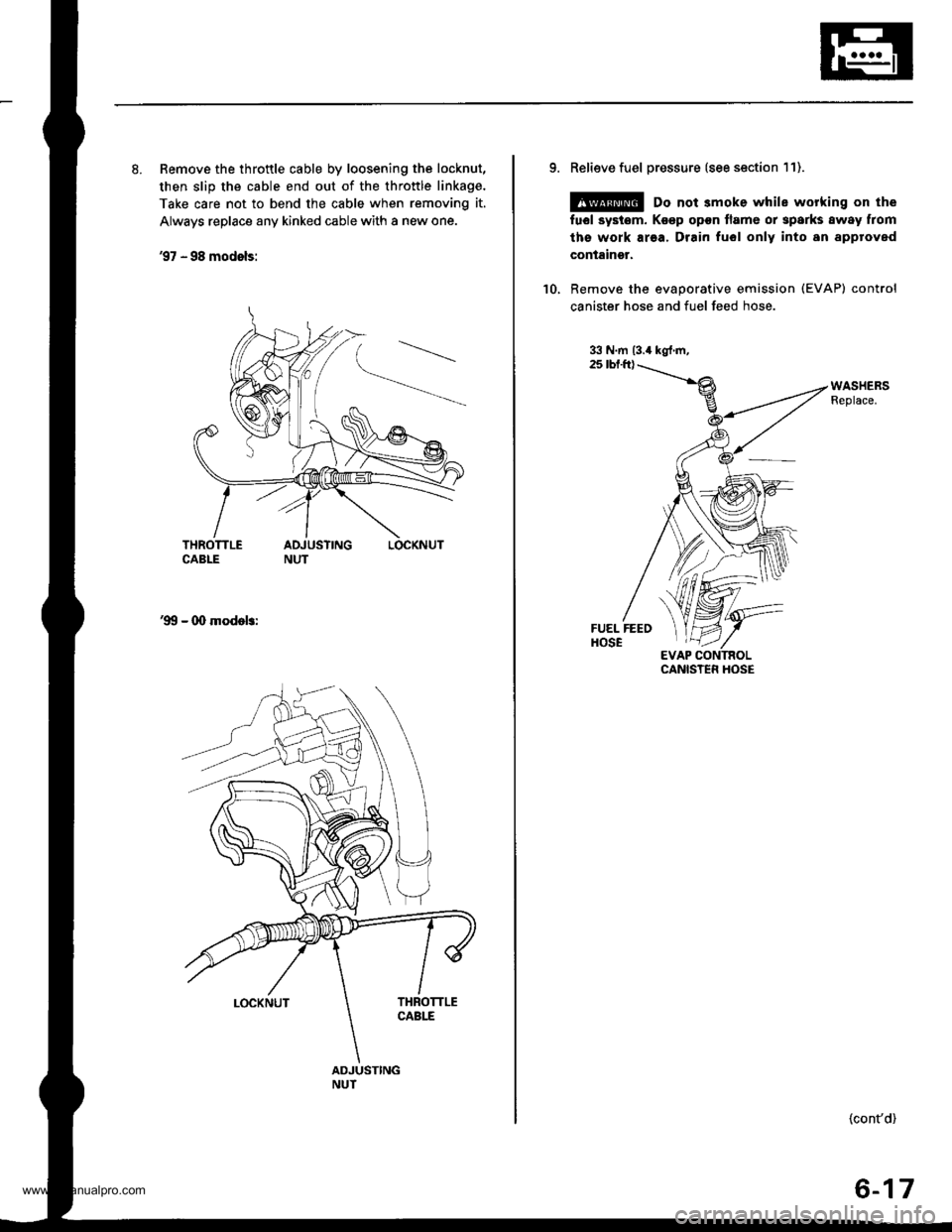 HONDA CR-V 1999 RD1-RD3 / 1.G Owners Manual
8. Remove the throttle cable by loosening the locknut,
then slip the cable end out of the throttle linkage.
Take care not to bend the cable when removing it.
Always replace any kinked cable with a ne HONDA CR-V 1999 RD1-RD3 / 1.G Owners Manual
8. Remove the throttle cable by loosening the locknut,
then slip the cable end out of the throttle linkage.
Take care not to bend the cable when removing it.
Always replace any kinked cable with a ne
