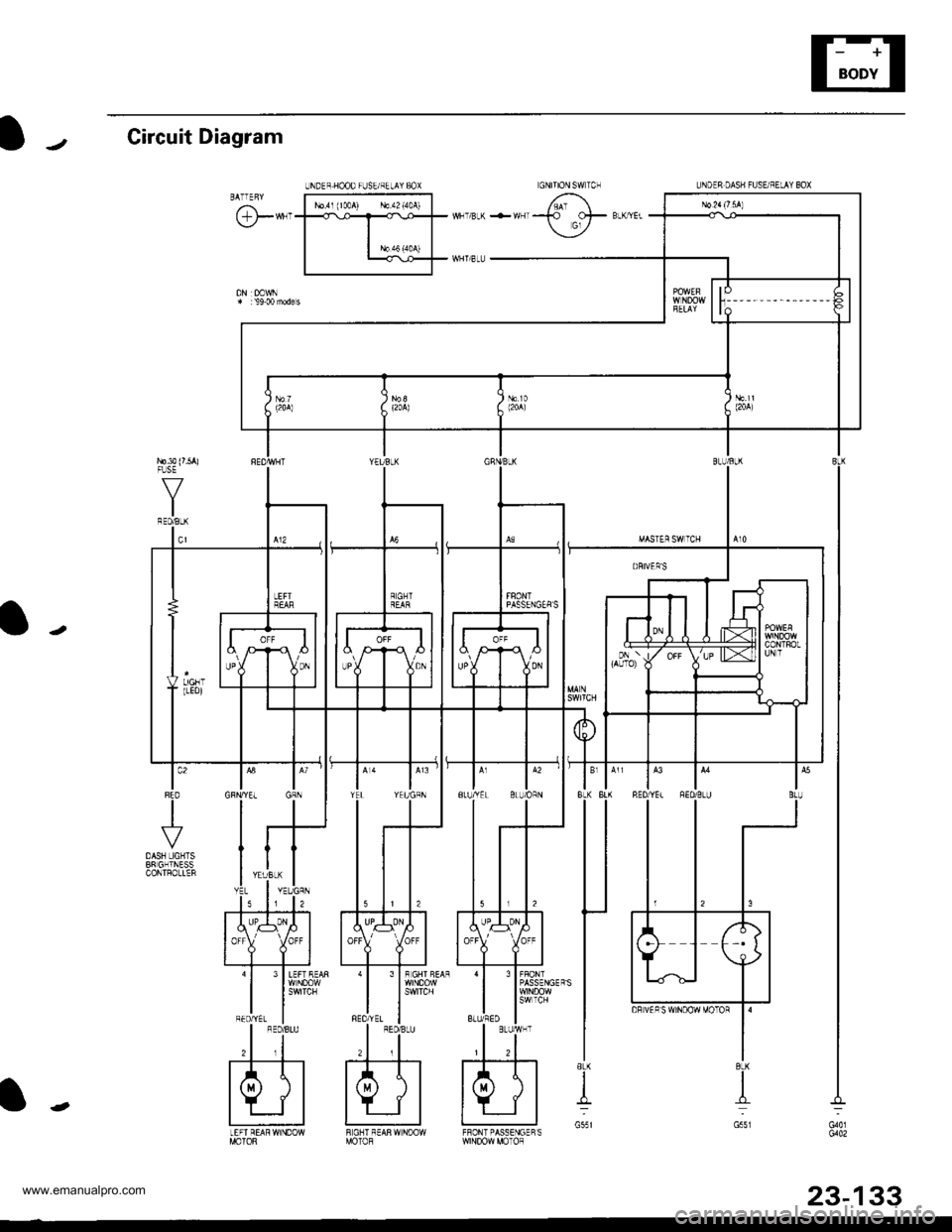 HONDA CR-V 2000 RD1-RD3 / 1.G Service Manual 
Gircuit Diagram
L]NDEF H@O FISETRELAY BOX
@-*
rblr (r0oA) rlo42t40A)
V
I
PASSENGEAS
FFONT PASSENGEFS
23-133
www.emanualpro.com  