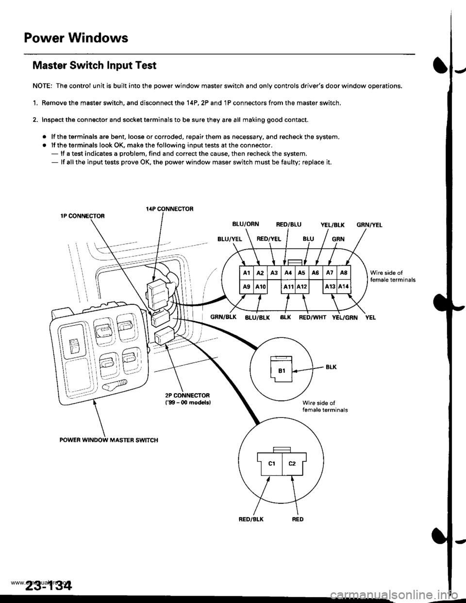 HONDA CR-V 1998 RD1-RD3 / 1.G Workshop Manual
Power Windows
Master Switch Input Test
NOTE: The control unit is built into the power window master switch and only controls drivers door window operations.
1. Remove the master switch, and disconne HONDA CR-V 1998 RD1-RD3 / 1.G Workshop Manual
Power Windows
Master Switch Input Test
NOTE: The control unit is built into the power window master switch and only controls drivers door window operations.
1. Remove the master switch, and disconne