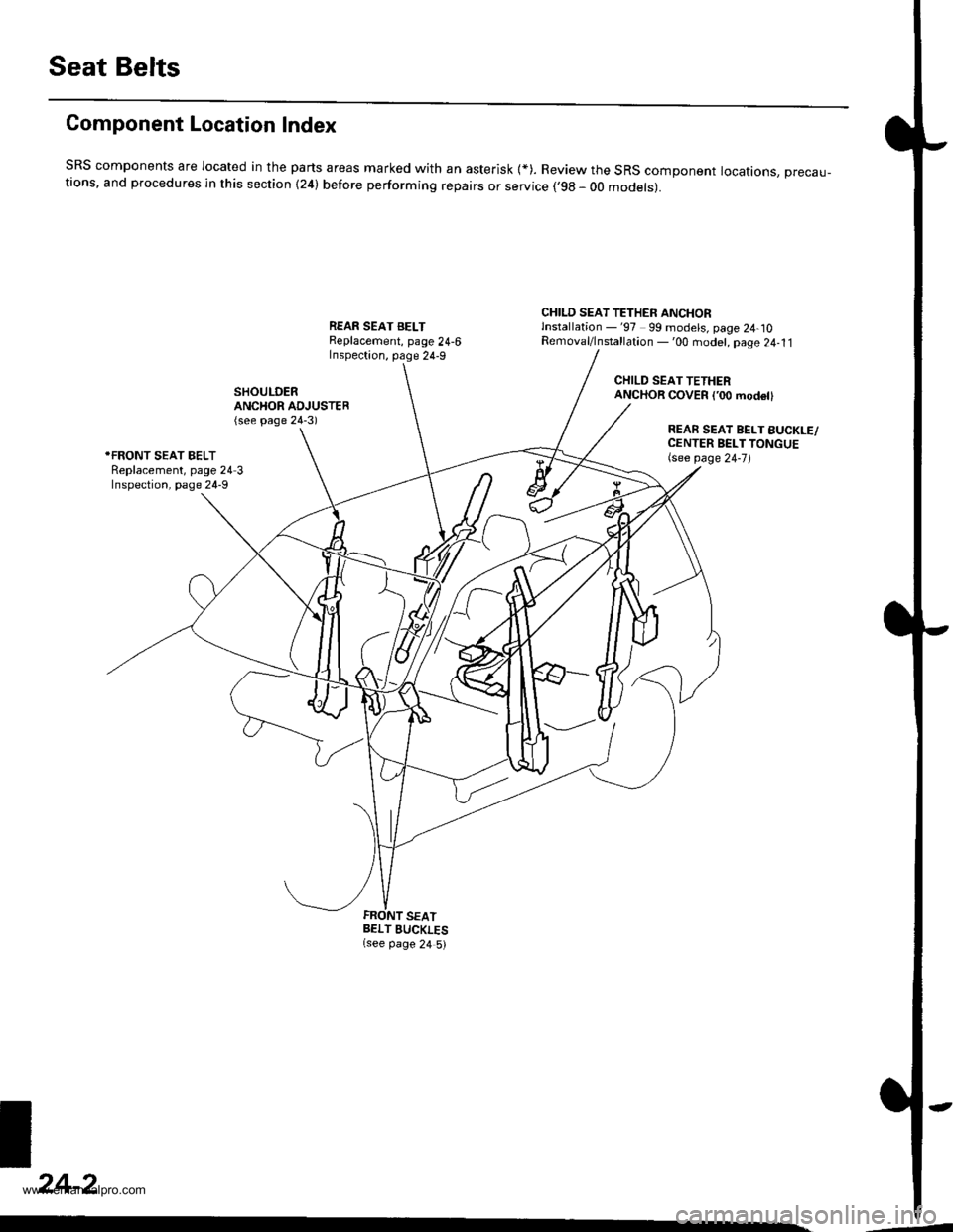 HONDA CR-V 1998 RD1-RD3 / 1.G Workshop Manual 
Seat Belts
Component Location Index
SRS components are located in the parts areas marked with an asterisk {*). Review the SRS component locauons, precau-tions, and procedures in this section (24) bef