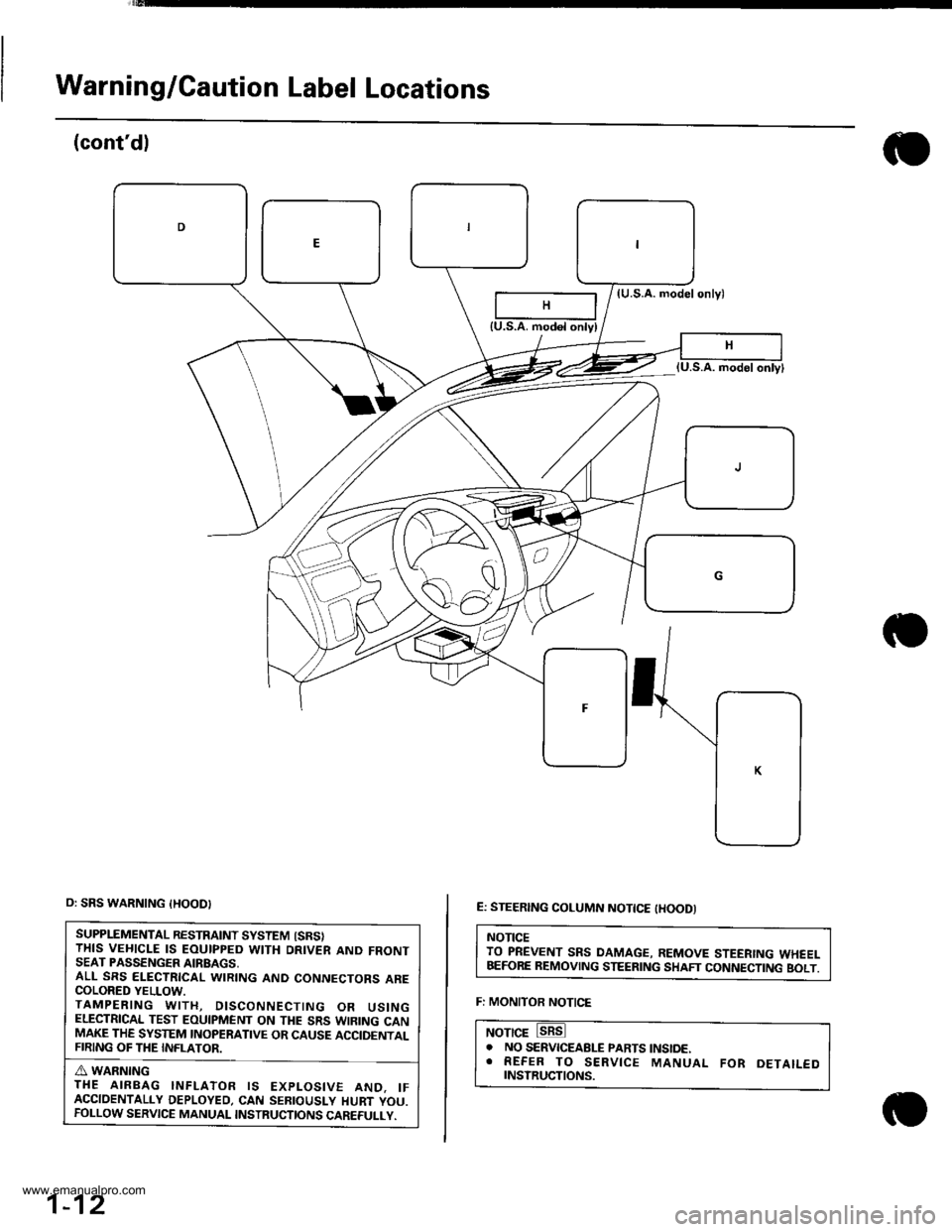 HONDA CR-V 1998 RD1-RD3 / 1.G User Guide 
Warning/Caution Label Locations
(contdl
(U.S.A. modelonlyl
E: STEERING COLUMN NOTTCE tHOODI
NOTICETO PREVENT SRS DAMAGE, REMOVE STEERING WHEELBEFORE REMOVING STEERING SHAFT CONNECTING BOLT.
F: MONIT