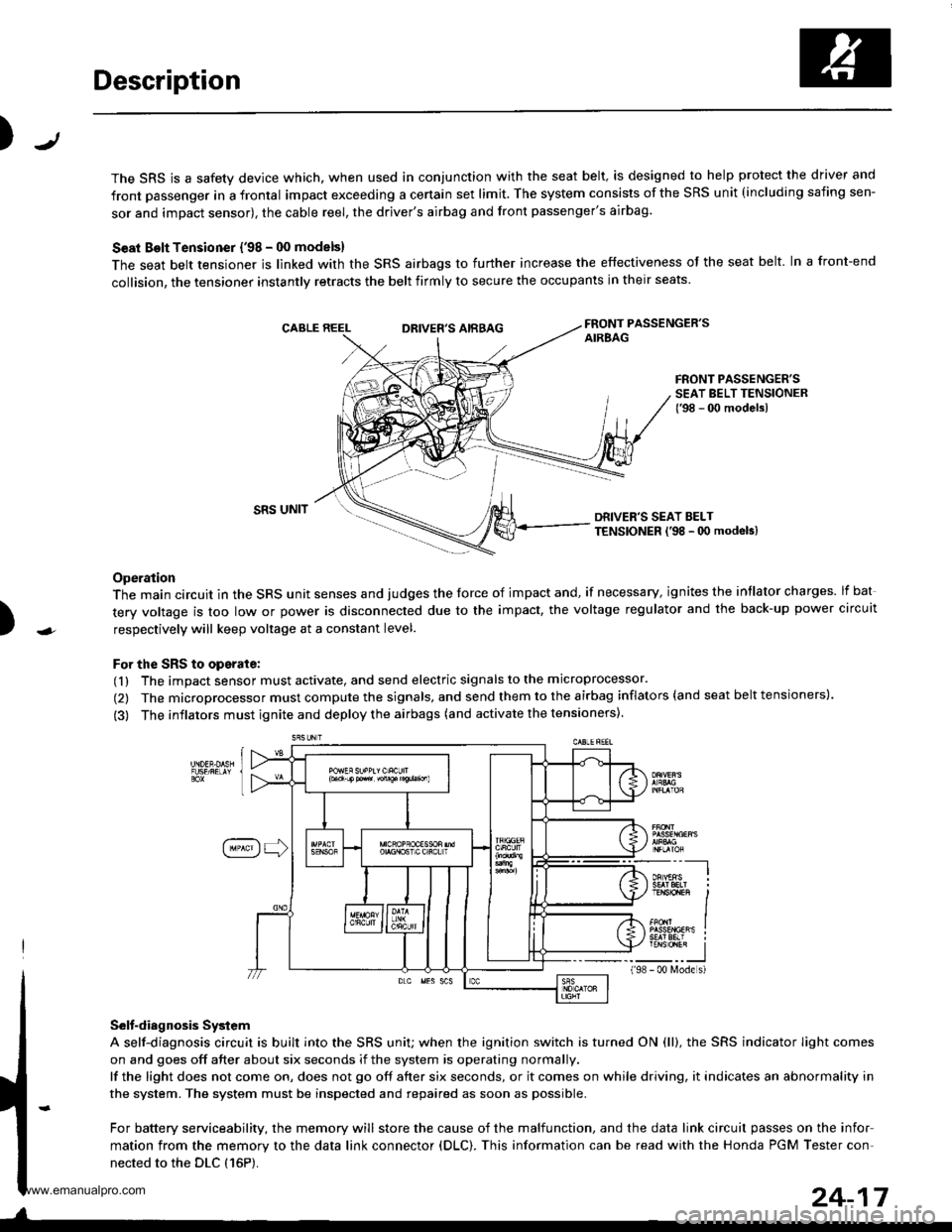 HONDA CR-V 1999 RD1-RD3 / 1.G Workshop Manual 
Description
J)
The SRS is a safety device which, when used in conjunction with the seat belt, is designed to help protect the driver and
front passenger in a frontal impact exceeding a certain set li