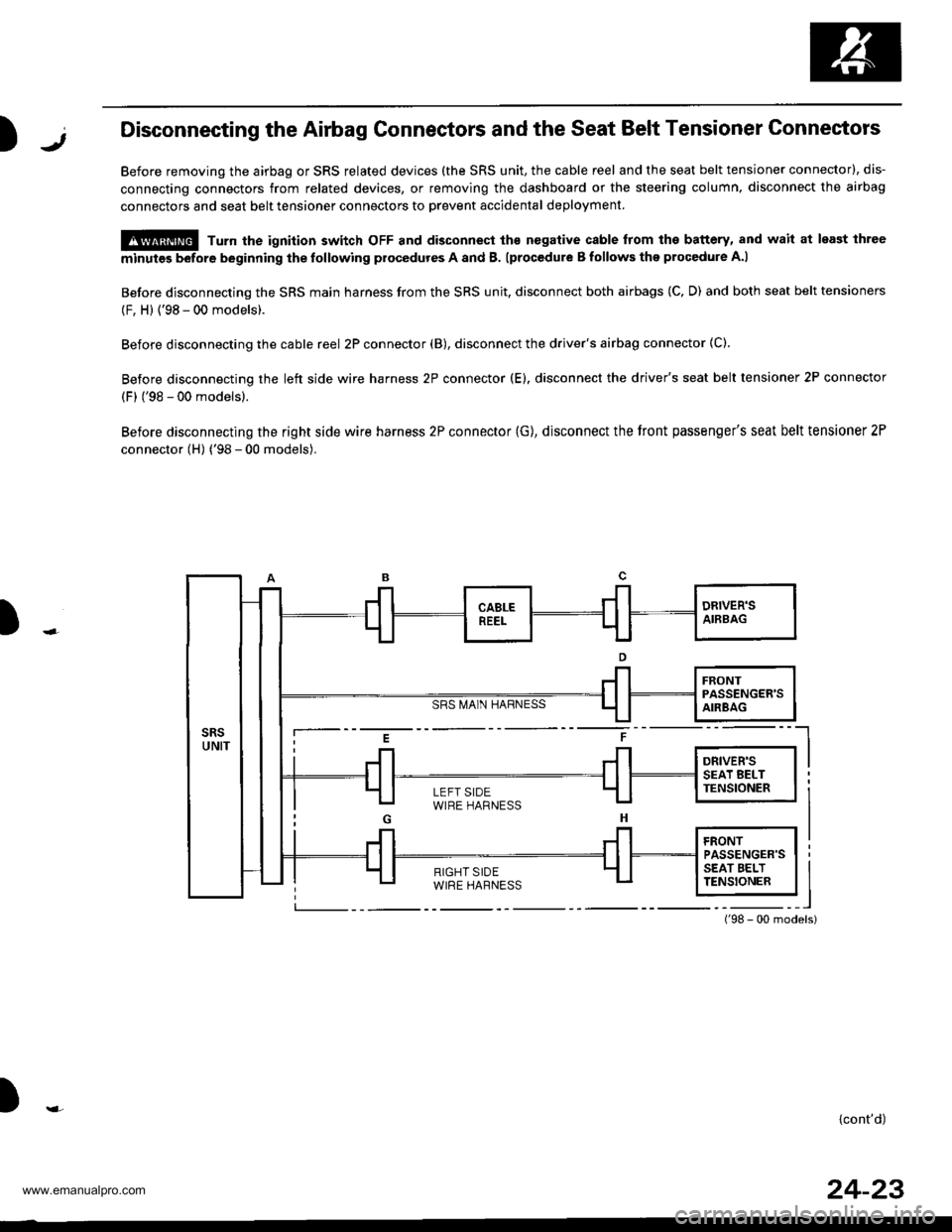 HONDA CR-V 1998 RD1-RD3 / 1.G Owners Manual
)1,Disconnecting the Airbag Gonnectors and the Seat Belt Tensioner Connectors
Before removing the airbag or SRS related devices (the SRS unit, the cable reel and the seat belt tensioner connector), d HONDA CR-V 1998 RD1-RD3 / 1.G Owners Manual
)1,Disconnecting the Airbag Gonnectors and the Seat Belt Tensioner Connectors
Before removing the airbag or SRS related devices (the SRS unit, the cable reel and the seat belt tensioner connector), d
