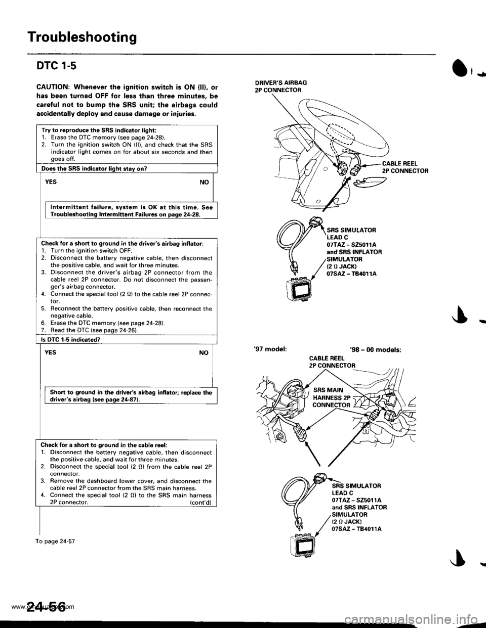 HONDA CR-V 2000 RD1-RD3 / 1.G Service Manual 
Troubleshooting
DTC l-s
CAUTION: Whenever tho igniiion switch is ON {ll), or
has been lurned OFF for loss lhan thrse minules, be
caretul not to bump the SRS unit; the airbags could
accidentally deplo