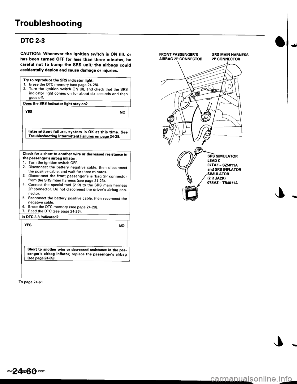 HONDA CR-V 2000 RD1-RD3 / 1.G Workshop Manual 
Troubleshooting
DTC 2-3
CAUTION: Whenevor the ignition switch is ON { }, orhas been turned OFF for less than three minutes, becareful not to bump the SRS unit; lhe airbags couldaccidentally deploy an