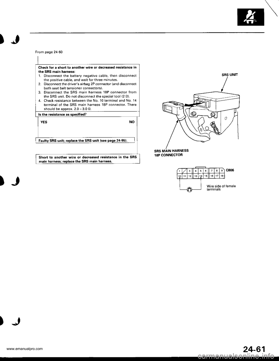 HONDA CR-V 2000 RD1-RD3 / 1.G Service Manual 
)
SRS MAIN HARNESS18P CONNECTOR
)
)
From page 24 60
Ch6ck tor a short to another wire or decreasod aGsistance inlh€ SRS main harness:1. Disconnect the battery negative cable, then disconnectthe pos