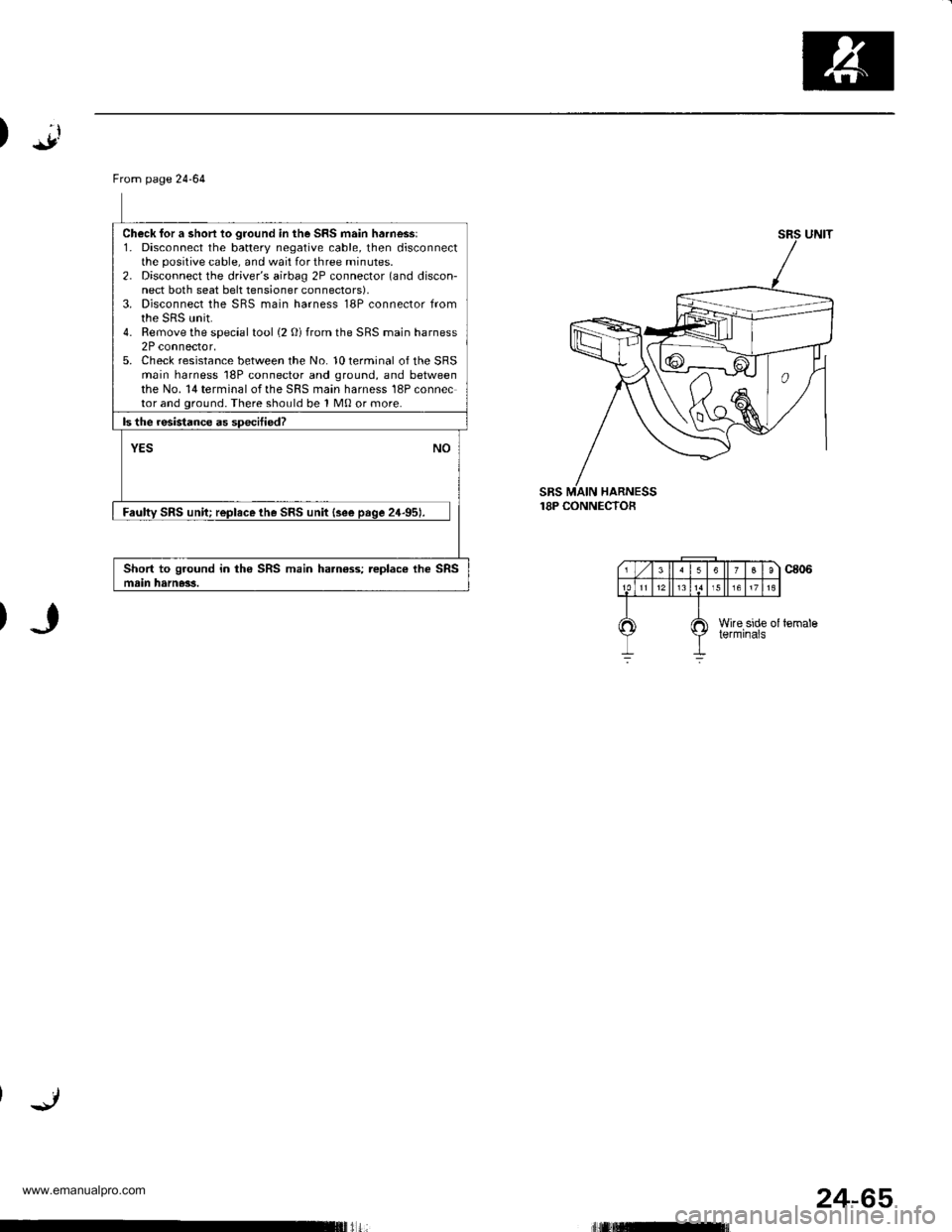 HONDA CR-V 2000 RD1-RD3 / 1.G Workshop Manual
)J
From page 2464
Check for a short to ground in the SRS main harnessl1. Disconnect the battery negative cable, then disconnectthe posilive cable. and wait for three minutes.2. Disconnect the driver HONDA CR-V 2000 RD1-RD3 / 1.G Workshop Manual
)J
From page 2464
Check for a short to ground in the SRS main harnessl1. Disconnect the battery negative cable, then disconnectthe posilive cable. and wait for three minutes.2. Disconnect the driver