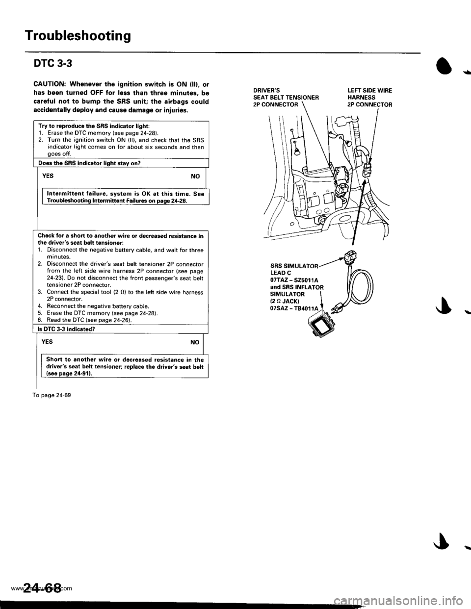 HONDA CR-V 2000 RD1-RD3 / 1.G Workshop Manual 
Troubleshooting
DTC 3-3
CAUTION; Whenever the ignition switch is ON llll, or
has b€on turned OFF for l6ss than three minutes, be
carelul not to bump the SRS unit; the airbags could
accidontally dep