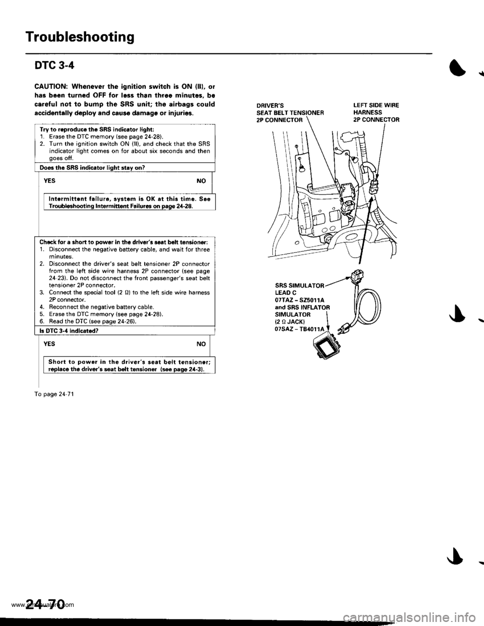 HONDA CR-V 1997 RD1-RD3 / 1.G Owners Manual 
Troubleshooting
DTC 3-4
CAUTION: Whenever the ignition switch is ON (lll, ol
has been turned OFF for l6ss than thr6e minutes, b€
careful not to bump the SRS unit; lho airbags could
accidentally dep