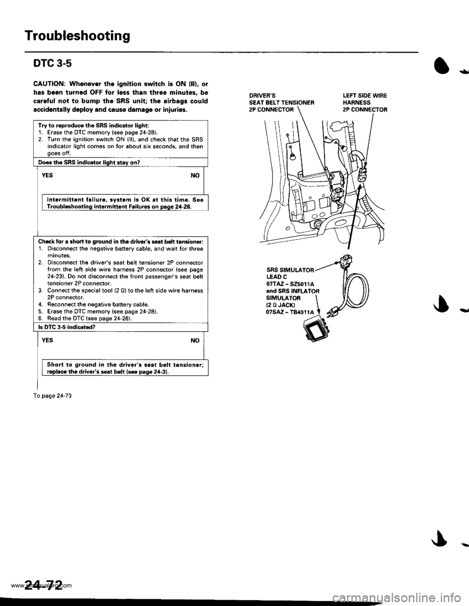 HONDA CR-V 2000 RD1-RD3 / 1.G Workshop Manual
Troubleshooting
DTC 3-5
CAUTION: Whonover tho ignition switch is ON (ll), or
has been turned OFF for less than thres minutes, b€
careful not to bump the SRS unit; the airbags could
accidontally dep HONDA CR-V 2000 RD1-RD3 / 1.G Workshop Manual
Troubleshooting
DTC 3-5
CAUTION: Whonover tho ignition switch is ON (ll), or
has been turned OFF for less than thres minutes, b€
careful not to bump the SRS unit; the airbags could
accidontally dep