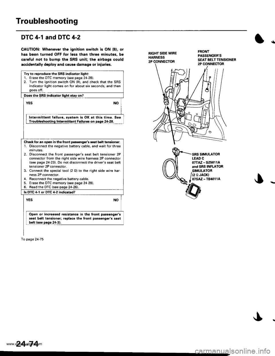 HONDA CR-V 2000 RD1-RD3 / 1.G Workshop Manual
Troubleshooting
DTC 4-1 and DTC 4-2
CAUTION: Whenever tho ignition 3witch is ON (ll), ot
has boen turn€d OFF for less than thro6 minutos, bo
car€ful not to bump ihe SRS unit; the airbags could
ac HONDA CR-V 2000 RD1-RD3 / 1.G Workshop Manual
Troubleshooting
DTC 4-1 and DTC 4-2
CAUTION: Whenever tho ignition 3witch is ON (ll), ot
has boen turn€d OFF for less than thro6 minutos, bo
car€ful not to bump ihe SRS unit; the airbags could
ac