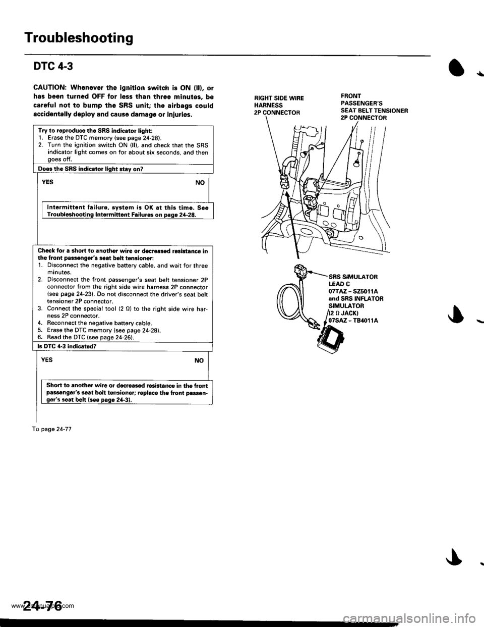 HONDA CR-V 2000 RD1-RD3 / 1.G Workshop Manual
Troubleshooting
DTC 4-3
CAUTION: Whonev.r ths ignition switch is ON (ll), or
has been turned OFF tor less than throe minutes, b€
careful not to bump tho SRS unit; the airbags could
accidentally dep HONDA CR-V 2000 RD1-RD3 / 1.G Workshop Manual
Troubleshooting
DTC 4-3
CAUTION: Whonev.r ths ignition switch is ON (ll), or
has been turned OFF tor less than throe minutes, b€
careful not to bump tho SRS unit; the airbags could
accidentally dep