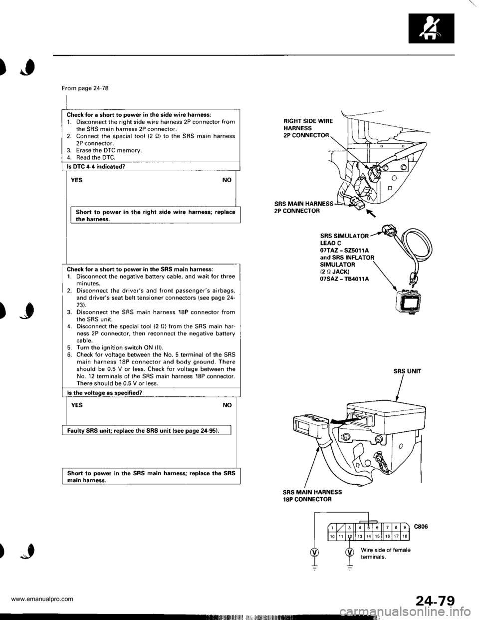 HONDA CR-V 2000 RD1-RD3 / 1.G Workshop Manual
)
RIGHT SIDE WIREHARNESS2P CONNECTOR
SRS MAIN2P CONNECTOR
SBS SIMULATORLEAD C07TAZ - SZ5011Aand SRS INFLATORSIMULATOR \(2 0 JACK) \07sAz-T84011A \\
)J
)
@
SRS MAIN HARNESS18P CONNECTOR
Ftom page 24 7 HONDA CR-V 2000 RD1-RD3 / 1.G Workshop Manual
)
RIGHT SIDE WIREHARNESS2P CONNECTOR
SRS MAIN2P CONNECTOR
SBS SIMULATORLEAD C07TAZ - SZ5011Aand SRS INFLATORSIMULATOR \(2 0 JACK) \07sAz-T84011A \\
)J
)
@
SRS MAIN HARNESS18P CONNECTOR
Ftom page 24 7