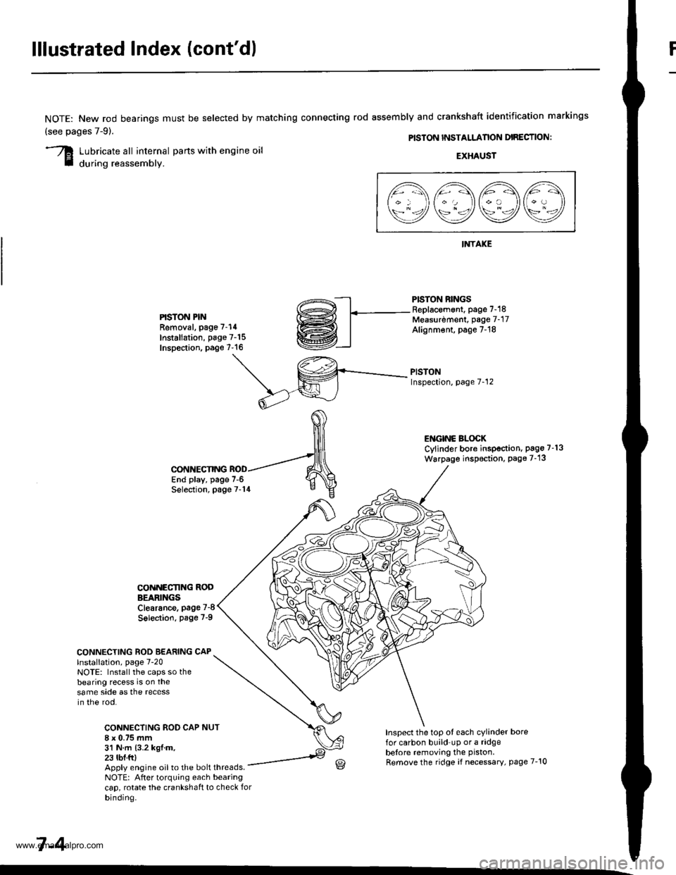 HONDA CR-V 1998 RD1-RD3 / 1.G User Guide 
lllustrated Index (contd)
NOTE: New rod bearings
(see pages 7-91.
must be selected by matching connecting rod assembly and crankshaft identification markings
PISTON INSTALLANON DIRECTION:
Lubricate 