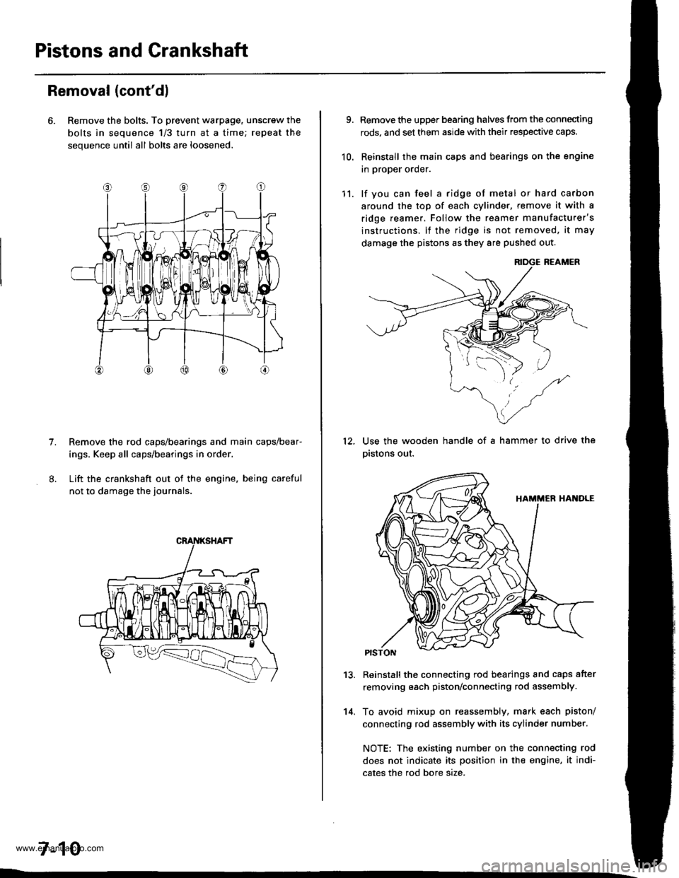 HONDA CR-V 1997 RD1-RD3 / 1.G Owners Manual 
Pistons and Crankshaft
Removal (contdl
6. Remove the bolts. To prevent warpage, unscrew the
bolts in sequence 1/3 turn at a time; repeat the
sequence until all bolts are loosened.
Remove the rod cap