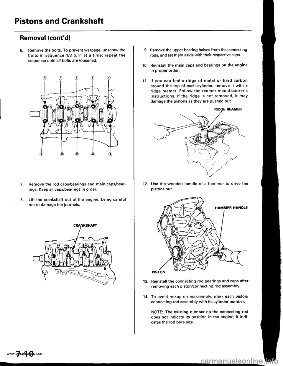HONDA CR-V 1999 RD1-RD3 / 1.G Owners Manual
Pistons and Crankshaft
Removal (contdl
6. Remove the bolts. To prevent warpage, unscrew the
bolts in sequence 1/3 turn at a time; repeat the
sequence until all bolts are loosened.
Remove the rod cap HONDA CR-V 1999 RD1-RD3 / 1.G Owners Manual
Pistons and Crankshaft
Removal (contdl
6. Remove the bolts. To prevent warpage, unscrew the
bolts in sequence 1/3 turn at a time; repeat the
sequence until all bolts are loosened.
Remove the rod cap