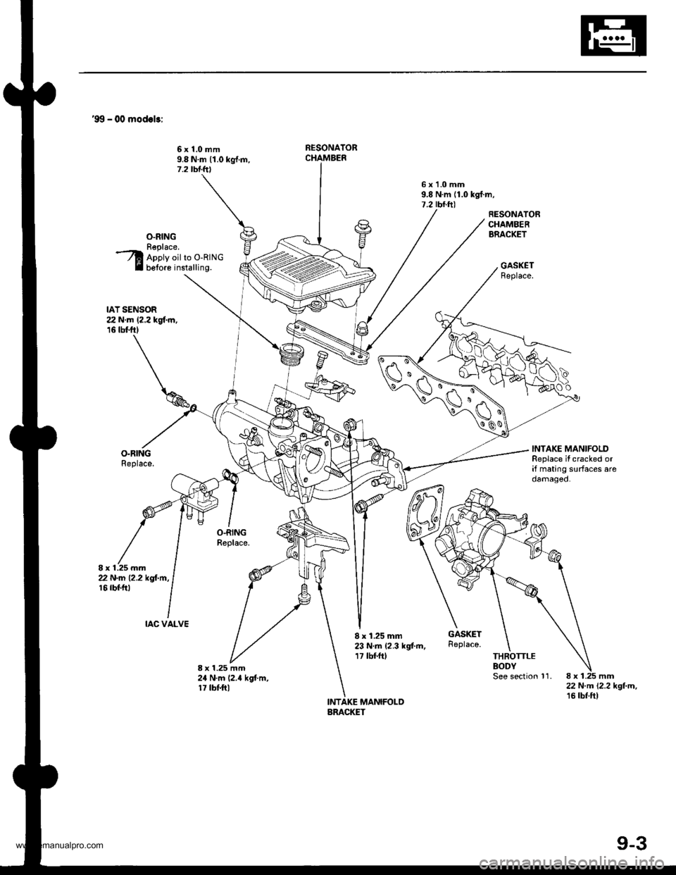 HONDA CR-V 1997 RD1-RD3 / 1.G Workshop Manual 
99 - O0 modol3:
6x1.0mm9.8 N.m 11.0 kg{.m,7.2 tbtltl
NESONATOR
6x1.0mm9.8 N.m {1.0 kgf.m,7.2 rbr.ftt
O-RINGReplace.Apply oil to O-RINGbetore installing.
RESONATORCHAMBERBRACKET
GASKETReplace.
IAT SE