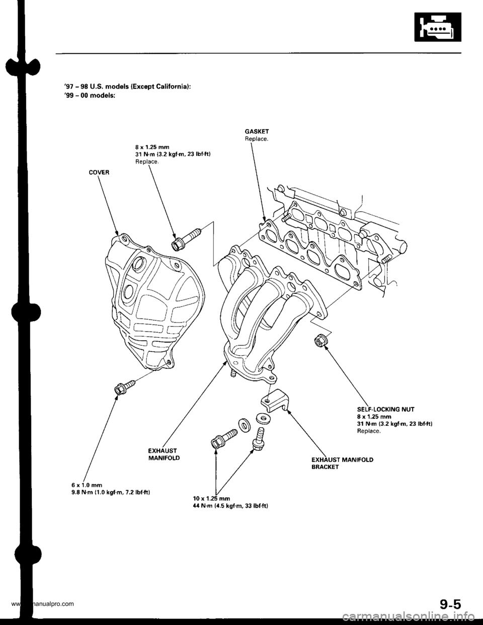 HONDA CR-V 2000 RD1-RD3 / 1.G Workshop Manual 
97 - 98 U.S. models {Except California):99 - 00 models:
8 x 1.25 mm31 N.m {3.2 kgl.m,23 lbl.ft)Beplace.
8 x 1.25 mm31 N.m {3.2 kgf.m.23 lbf.ft)Replace.
MANIFOLD
6x1.0mm9.8 N m 11.0 kgf.m, 7.2 lbf.
