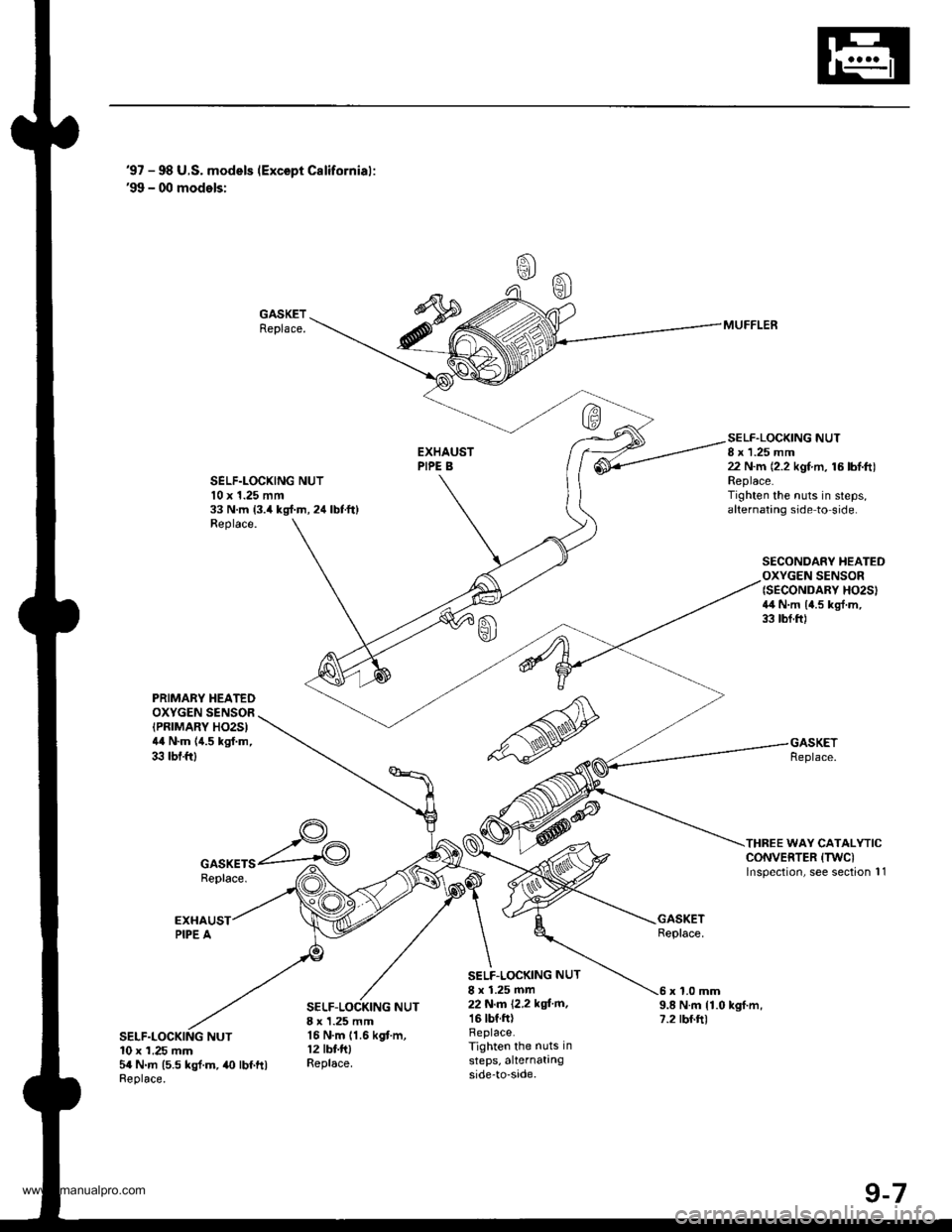 HONDA CR-V 1997 RD1-RD3 / 1.G Workshop Manual 
97 - 98 U.S. models (Except Californial:99 - 00 models:
GASKETReplace.
SELF.LOCXING NUTl0 x 1.25 mm33 N.m 13.4 kgl.m, 24 lbtft)Replace.
SELF.LOCKING NUT8 x 1.25 mm22 N.m (2.2 kgf.m, 16 lbl.ft)Repla