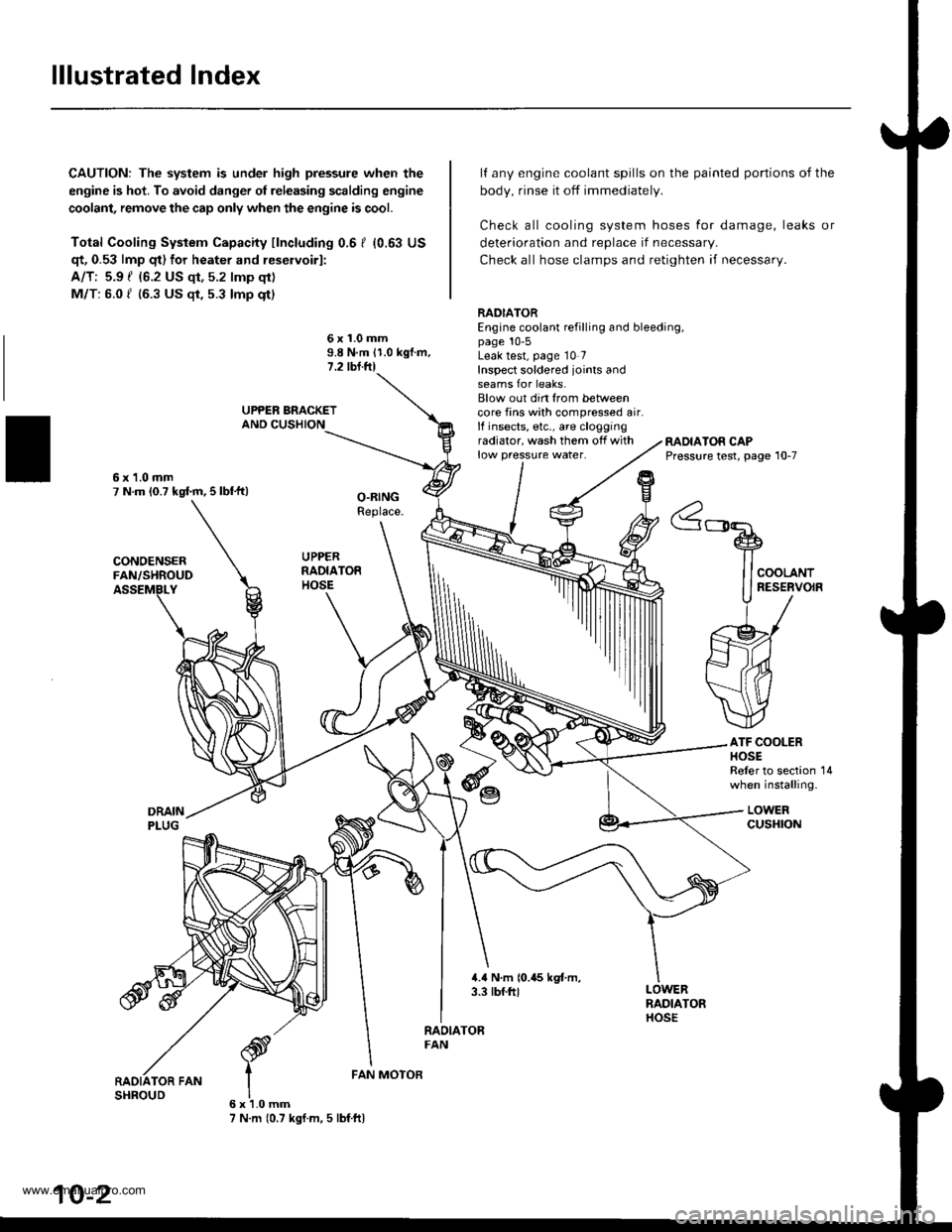 HONDA CR-V 2000 RD1-RD3 / 1.G Workshop Manual 
lllustrated Index
CAUTION: The system is under high pressure when the
engine is hot. To avoid danger ol releasing scalding engine
coolant, remove the cap only when the engine is cool.
Total Cooling S