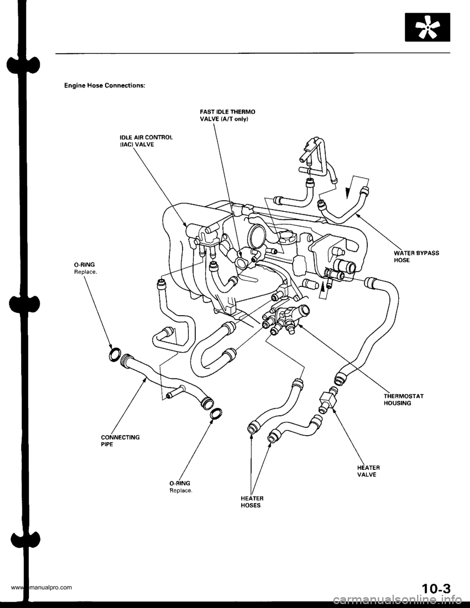 HONDA CR-V 2000 RD1-RD3 / 1.G Workshop Manual 
Engine Hose Connections:
FAST IDLE THERMOVALVE (A/T onlyl
IDLE AIR CONTROLIIAC}VALVE
TEF BYPASSHOSE
THERMOSTATHOUSING
CONNECTINGPIPE
VALVE
HOSES
10-3
www.emanualpro.com  