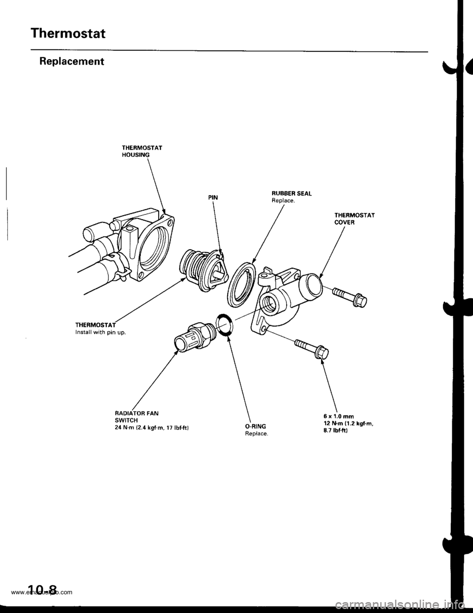 HONDA CR-V 2000 RD1-RD3 / 1.G Workshop Manual 
Thermostat
Replacement
THERMOSTAInstall with pin up.
THERMOSTATHOUSING
RUBBER SEALReplace.
RADIATOB FANswtTcH24 N.m {2.4 kgtm, l7 lbt.ftl
THERMOSTATCOVER
12 N.m (1.2 kgl.m,8.7 tbtftl
6 x 1.0 mm
10-8