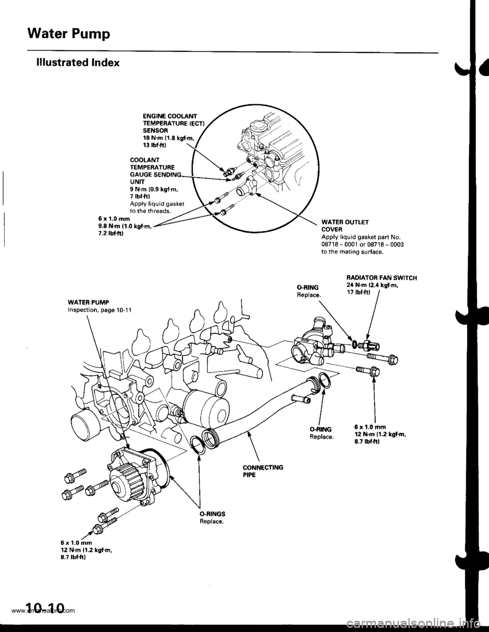HONDA CR-V 2000 RD1-RD3 / 1.G Workshop Manual
Water Pump
lllustrated Index
ENGINE COOLANTTEMPERATURE IECTISENSOR18 N.m 11,8 kgt.m,13 tbt.ftl
COOLANTTEMPERATUREGAUGEUNIT
6x1.0mm9.8 Nm (1.0 kgf.m,7.2 tbt frl
9 N.m {0.3 kgf.m,7 tbf.fttApply liquid HONDA CR-V 2000 RD1-RD3 / 1.G Workshop Manual
Water Pump
lllustrated Index
ENGINE COOLANTTEMPERATURE IECTISENSOR18 N.m 11,8 kgt.m,13 tbt.ftl
COOLANTTEMPERATUREGAUGEUNIT
6x1.0mm9.8 Nm (1.0 kgf.m,7.2 tbt frl
9 N.m {0.3 kgf.m,7 tbf.fttApply liquid