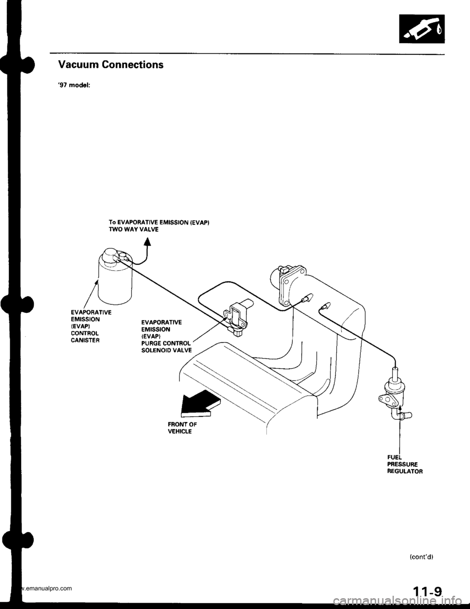 HONDA CR-V 1998 RD1-RD3 / 1.G User Guide 
Vacuum Gonnections
97 model:
To EVAPORATIVE EMISSION IEVAPITWO WAY VALVE
EVAPOBAIIVEEMtSStONIEVAPICONTROLCANISTER
EVAPORATIVEEMtSStONt€vaP)PURGE CONTROLSOLENOID VALVE
FRONT OFVEHICLE
PBESSUREREGUL