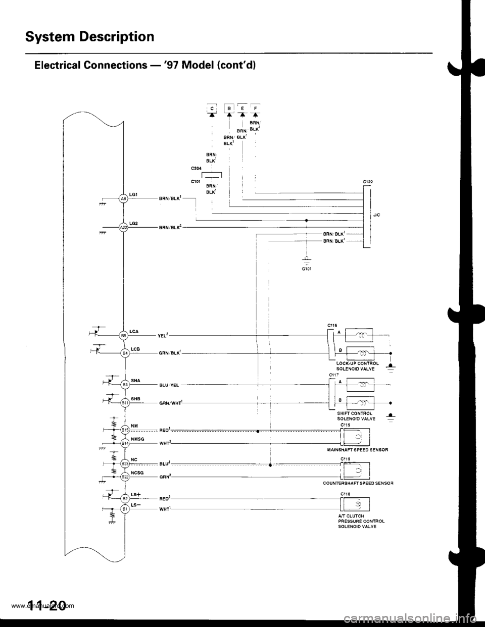 HONDA CR-V 2000 RD1-RD3 / 1.G Workshop Manual 
System Description
Electrical Connections -97 Model (contdl
c-F
BLKj
BLxj
E-F
ARNBLK
h-rF
BRN:eLKr
8Rt,l,BLxjARN,BI.K.
c113
E
11-20
www.emanualpro.com  