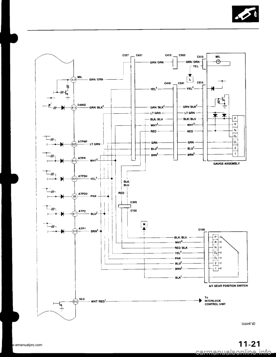 HONDA CR-V 1998 RD1-RD3 / 1.G Workshop Manual 
cat.,auxt
LT GAN
BLVBLU
RED
GRN
BLU,
an12
*".r".o- ) Inor.".o"*
(contd)
11-21
GAUGE ASSEIBLY
iI
enr2-{
II
A,ry GEAB POSINON SWITCH
CONTROL UNIT
www.emanualpro.com  