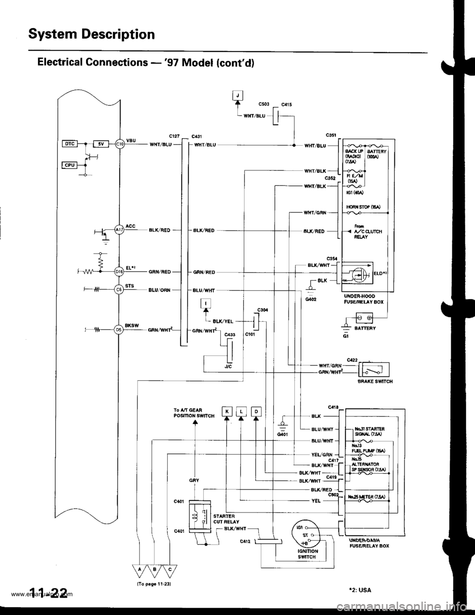 HONDA CR-V 1998 RD1-RD3 / 1.G Workshop Manual 
System Description
Electrical Gonnections -97 Model lcontd)
|l/8LU l IU
t,l
T
WHT/€LU
wltT/BLr((
WHT/BLK
wltT/GRt{
,J
I.l
c352
CRN/FEO
BLU/ORN
GRI{/F€O
ALU/IVHT
T"*,,*.
UNOER]IOODfUSE,/FEIAY 8
