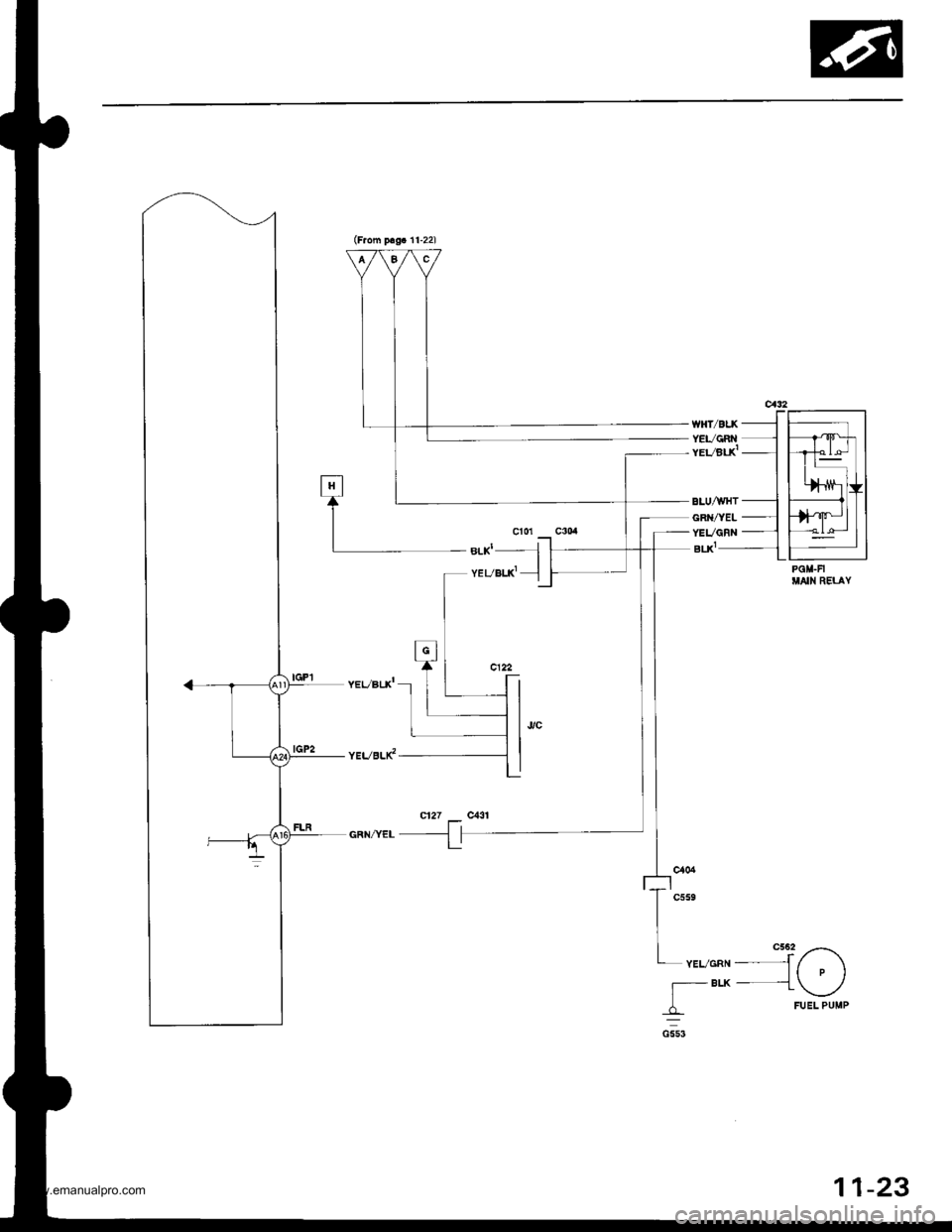 HONDA CR-V 1997 RD1-RD3 / 1.G User Guide 
(From p!9.1r-221
ca32
**r2",-*JYEVGRN -1
YEvErK --
IBLU?IHT ___-I
GRN,/YEL -- IYEVGnN --
"* --1
PGII.FIUAIN RELAY
C56-2 //--\- trru^n -- -] ( , )_BLK - i ,/I - \_-,/
dL FUEL PUMP
11-23
www.emanualp