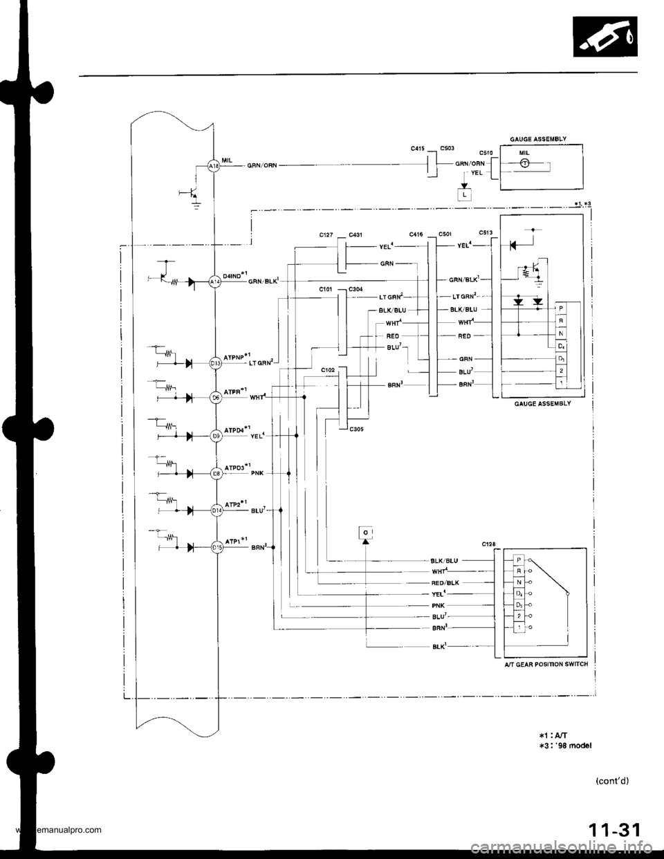HONDA CR-V 1999 RD1-RD3 / 1.G Workshop Manual 
n"t,lonrJ
1"r. ]g
L:]
-*"{
I- GRN/BLK 
I- LTGRN1 - ]-BIK/BLU -.,]
r.I=
-*i- ]
-::",1
r-YEL.-l-- cRN --_l
*I : A/T+3: 98 model
(contd)
REO
BtuT
1 1-31
www.emanualpro.com  