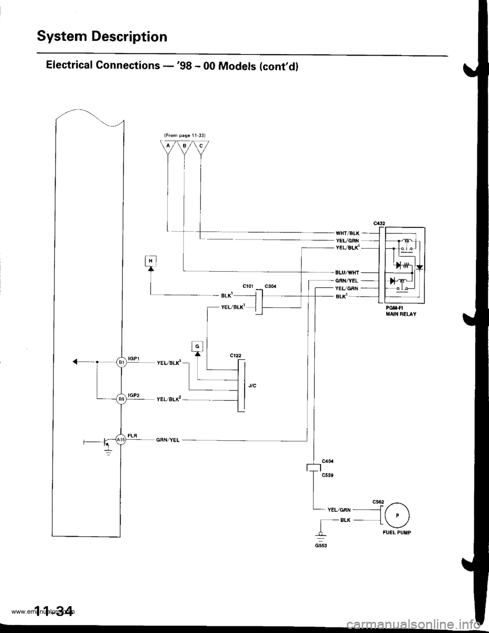 HONDA CR-V 1999 RD1-RD3 / 1.G User Guide 
System Description
Electrical Connections -98 - 00 Models (contdl
PGU.FIMAII{ BEIAY
cssr
cs6-2 ,z-_\-YEL/GBN- 
-f p \-BLx-- l  ./| - "---.,
_L FUEL PUI{P
11-34
www.emanualpro.com  