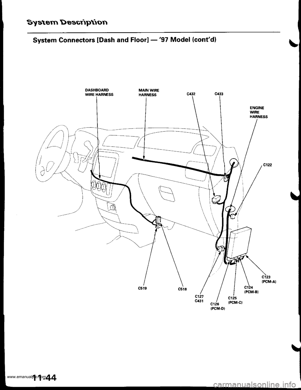 HONDA CR-V 1999 RD1-RD3 / 1.G Workshop Manual 
S)stern Dessr\ptron
ENGINEWIREHARNESS
c1z2
(PCM.AI
System Connectors lDash and Floor] -97 Model {contd)
MAIN WIREHARNESS
//l
tao,
{PCM.D}
11-44
www.emanualpro.com  